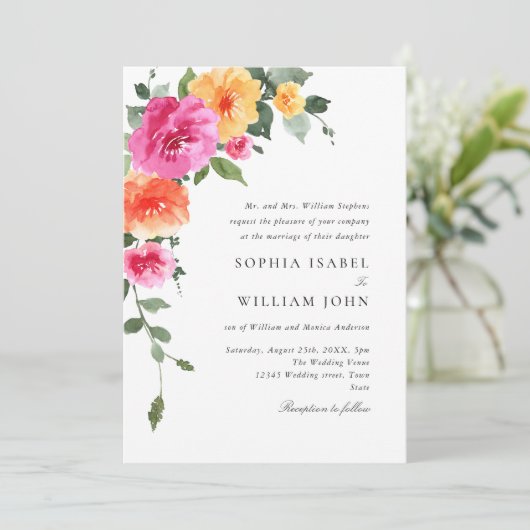 Waterverf Helder Roze Sinaasappel Bloemen Bruiloft Kaart (Staand voorkant)