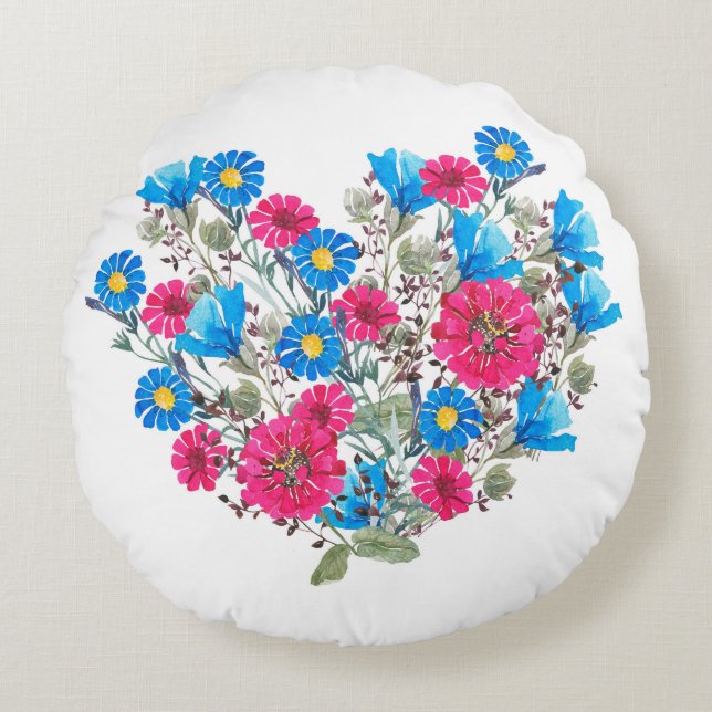 Waterverf heldere wildbloemen rond kussen (Voorkant)