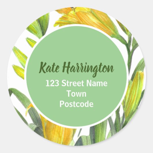 Waterverf Heldergele Dag Lelies Cirkel Adres Ronde Sticker (Voorkant)
