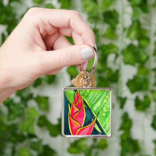 Waterverf heliconia tropische bloem sleutelhanger (Hand)