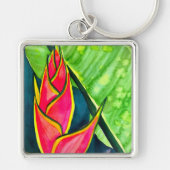 Waterverf heliconia tropische bloem sleutelhanger (Voorkant)