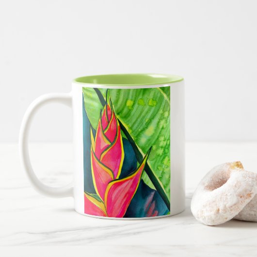 Waterverf heliconia tropische bloem tweekleurige koffiemok (Met donut)