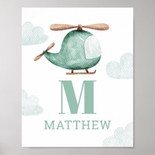 Waterverf helikopter. Baby jongen monogram. Nurser Poster