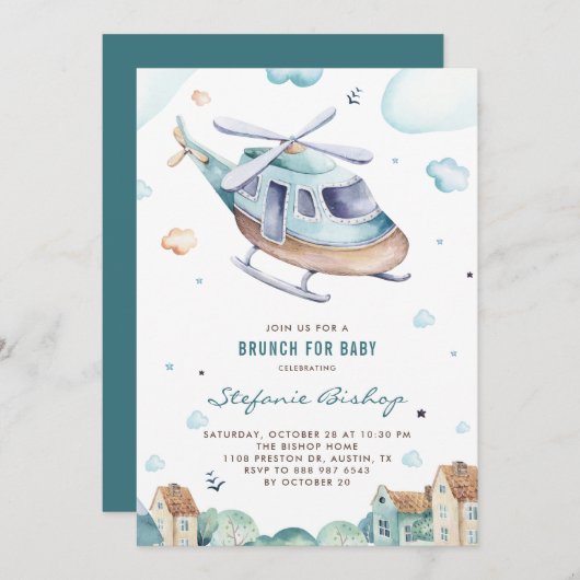 Waterverf Helikopter Baby shower Brunch Kaart (Voorkant / Achterkant)