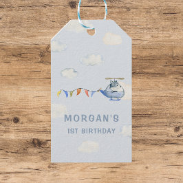 Waterverf Helikopter Blauwe Eerste Verjaardag Cade Cadeaulabel