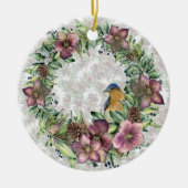 Waterverf Hellebore bloemenkrans met vogel Keramisch Ornament (Voorkant)