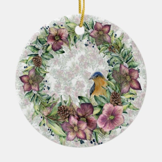 Waterverf Hellebore bloemenkrans met vogel Keramisch Ornament (Voorkant)
