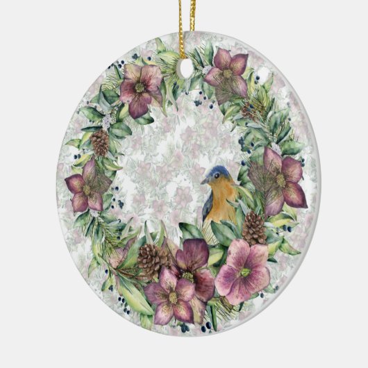 Waterverf Hellebore bloemenkrans met vogel Keramisch Ornament (Links)