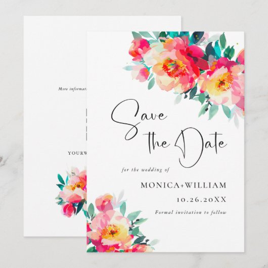 Waterverf Helroze Bloemen Bruiloft Bruiloft Save The Date (Voorkant / Achterkant)