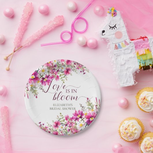 Waterverf Helroze Bloemen Liefde is in Bloei Papieren Bordje (Feest)