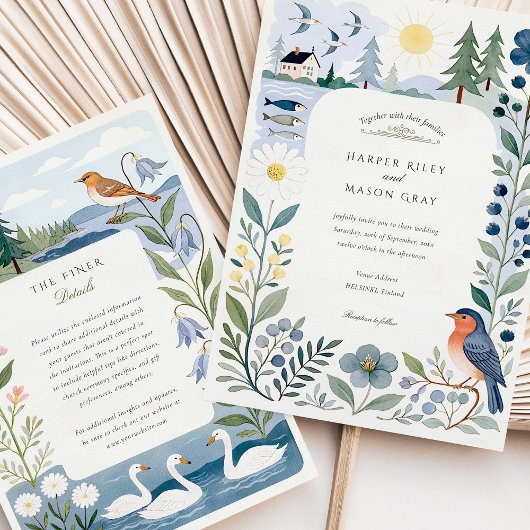 Waterverf Helsinki Nordic Forest & Birds Wedding Kaart
