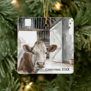 Waterverf Hereford Koe in Barn Keramisch Ornament