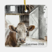 Waterverf Hereford Koe in Barn Keramisch Ornament (Voorkant)