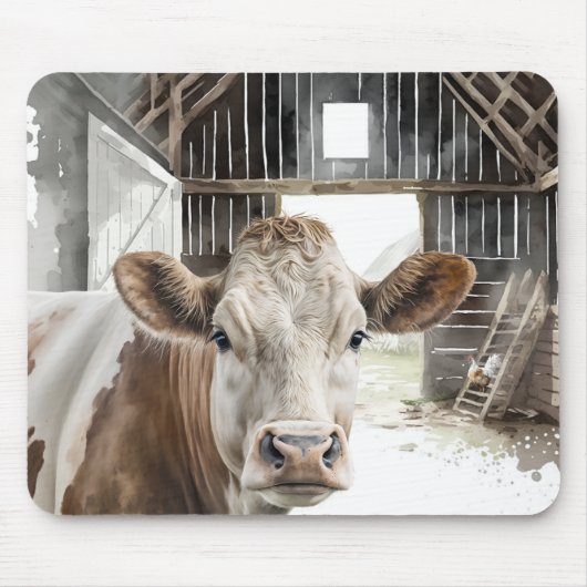 Waterverf Hereford Koe in Barn Muismat (Voorkant)