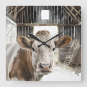 Waterverf Hereford Koe in Barn Vierkante Klok (Voorkant)
