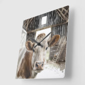 Waterverf Hereford Koe in Barn Vierkante Klok (Hoek)
