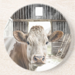 Waterverf Hereford Koe in Barn Zandsteen Onderzetter