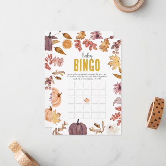 Waterverf Herfst Baby Bingo, Baby shower Activitei Notitiekaartje (Voorkant / Achterkant in situ)