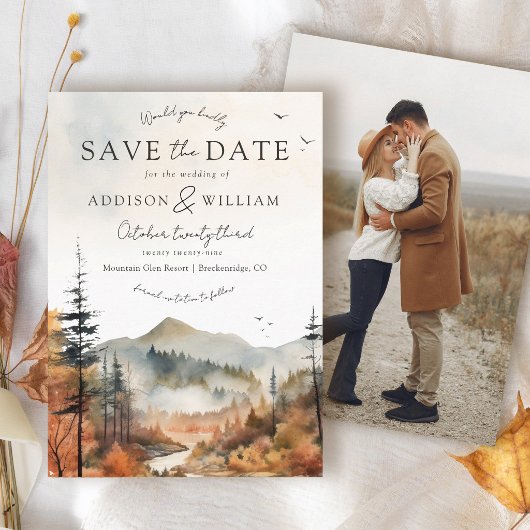 Waterverf Herfst Berg Bos Boho Foto Bruiloft Save The Date