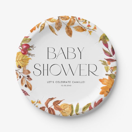 Waterverf Herfst Bladeren Krans Herfst Baby shower Papieren Bordje (Voorkant)