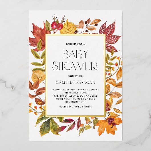 Waterverf herfst bladeren Lijst Herfst Baby shower Folie Uitnodiging (Voorkant)