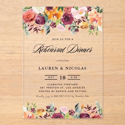 Waterverf Herfst Bloeit Garland Repetitie Diner Acryl Uitnodigingen (Voorkant)