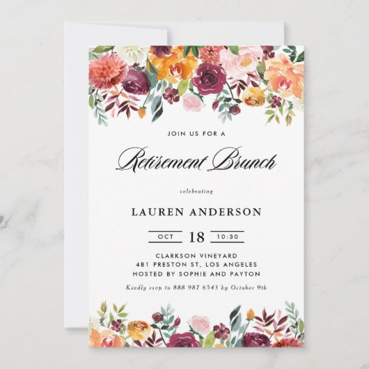 Waterverf Herfst Bloeit Garland Retirement Brunch Kaart (Voorkant)
