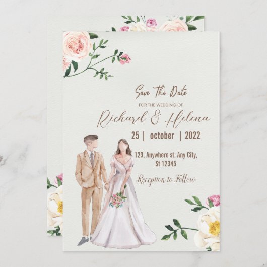 waterverf herfst bloem en palm Bloemstuk Bruiloft Kaart (Voorkant / Achterkant)