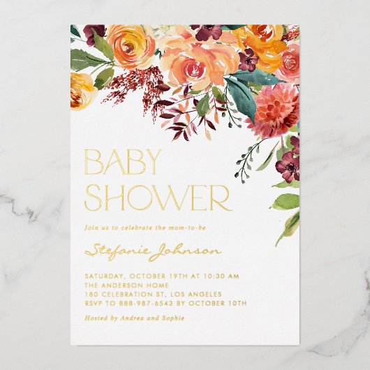 Waterverf Herfst Bloemen Boeket Baby shower Folie Uitnodiging (Voorkant)