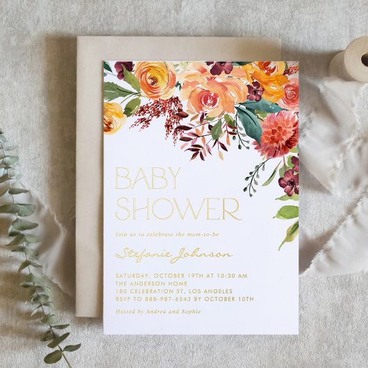 Waterverf Herfst Bloemen Boeket Baby shower Folie Uitnodiging