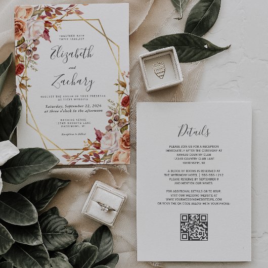 Waterverf Herfst Bloemen Goud QR Code Trouwen Kaart