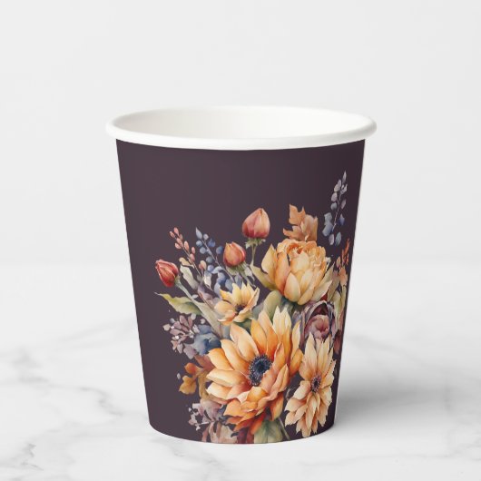 Waterverf Herfst Bloemen-Paarse Papieren Bekers (Achterkant)