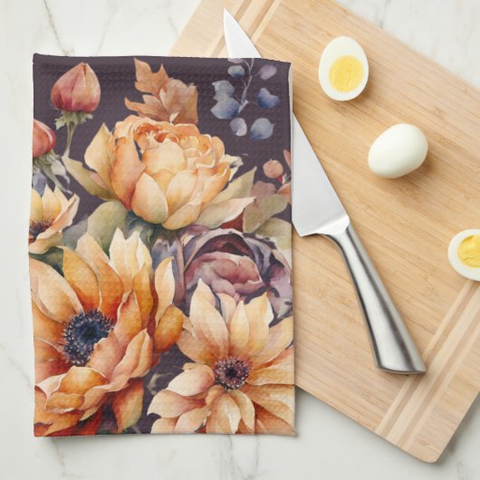 Waterverf Herfst Bloemen-Paarse- Theedoek (Quarter Fold)