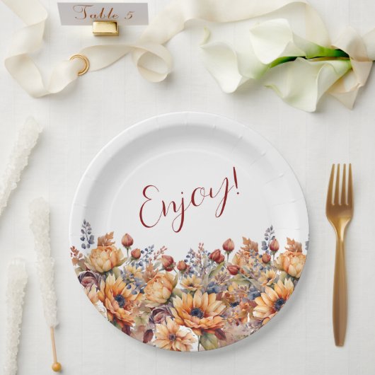 Waterverf Herfst Bloemen- Papieren Bordje (Huwelijk)