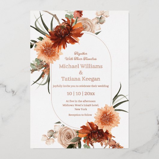 waterverf herfst bloementerracotta bruiloft folie uitnodiging (Voorkant)