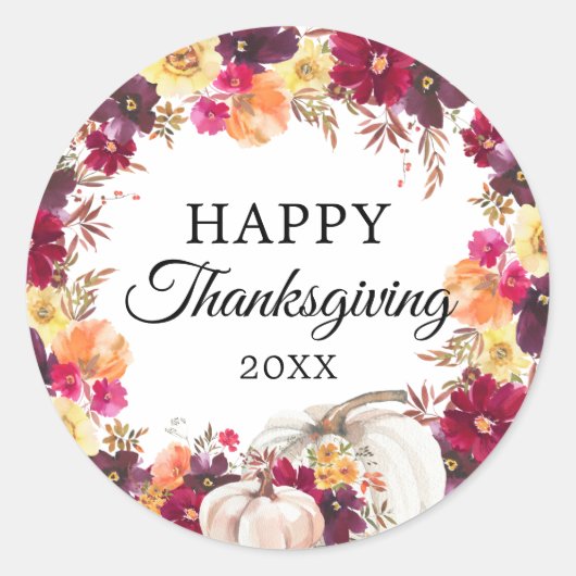 Waterverf Herfst Bloemige Pompoen Thanksgiving Ronde Sticker (Voorkant)