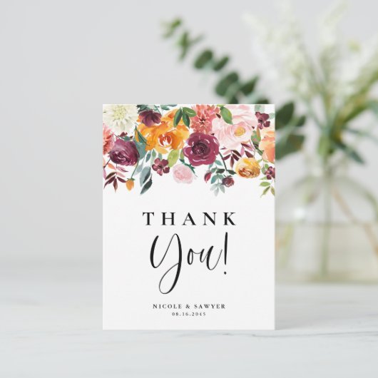 Waterverf herfst blooms Floral bruiloft Dank je Briefkaart (Staand voorkant)