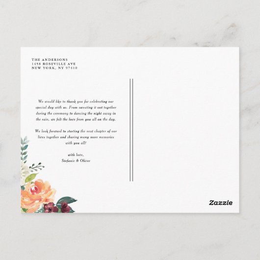 Waterverf herfst blooms Floral bruiloft Dank je Briefkaart (Achterkant)