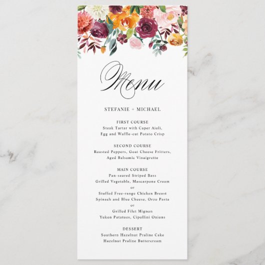 Waterverf herfst Blooms Floral Wedding Menu Kaart (Voorkant)