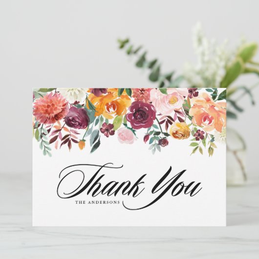 Waterverf herfst blooms vieren huwelijk bedankkaart (Staand voorkant)
