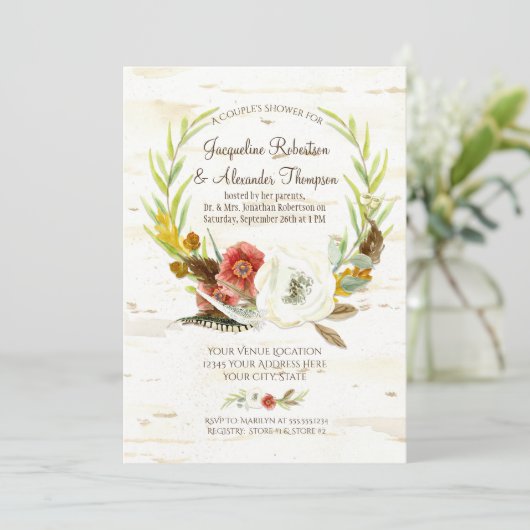 Waterverf Herfst Boho Floral Fether Couples Shower Kaart (Staand voorkant)