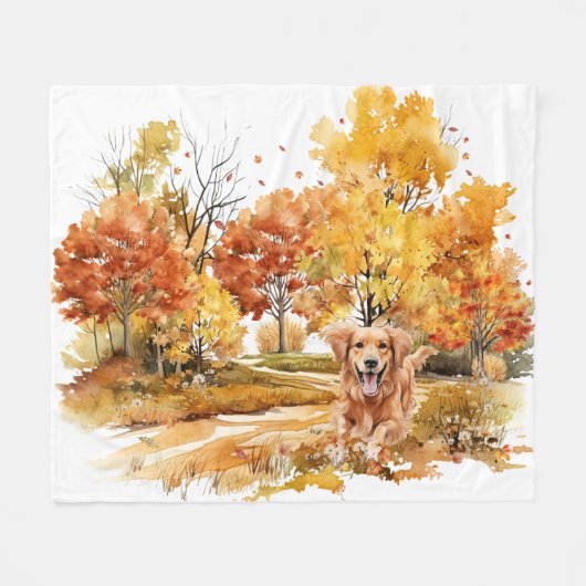 Waterverf Herfst Dog Design- Golden Retriever Fleece Deken (Voorkant (Horizontaal))