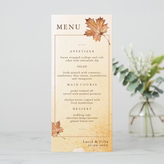 Waterverf herfst esdoorn blad bruiloft diner menu (Staand voorkant)