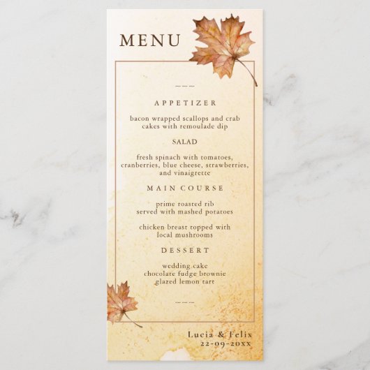 Waterverf herfst esdoorn blad bruiloft diner menu (Voorkant)