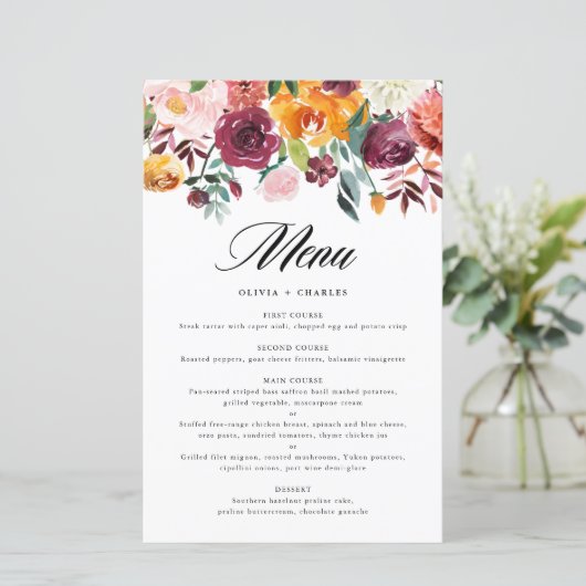 Waterverf herfst Floral Fall Wedding Menu Kaart (Staand voorkant)