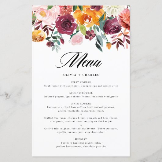 Waterverf herfst Floral Fall Wedding Menu Kaart (Voorkant)