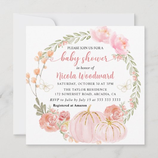 Waterverf Herfst Floral Pumpkin Baby shower Kaart (Voorkant)