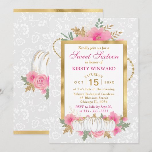 Waterverf Herfst Floral Pumpkin Sweet Sixteen Kaart (Voorkant / Achterkant)