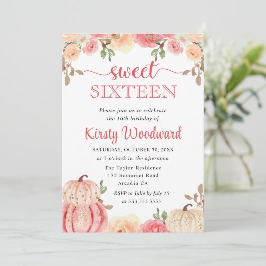 Waterverf Herfst Floral Pumpkins Sweet Sixteen Kaart (Staand voorkant)