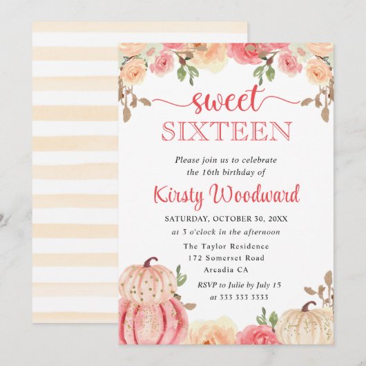 Waterverf Herfst Floral Pumpkins Sweet Sixteen Kaart (Voorkant / Achterkant)